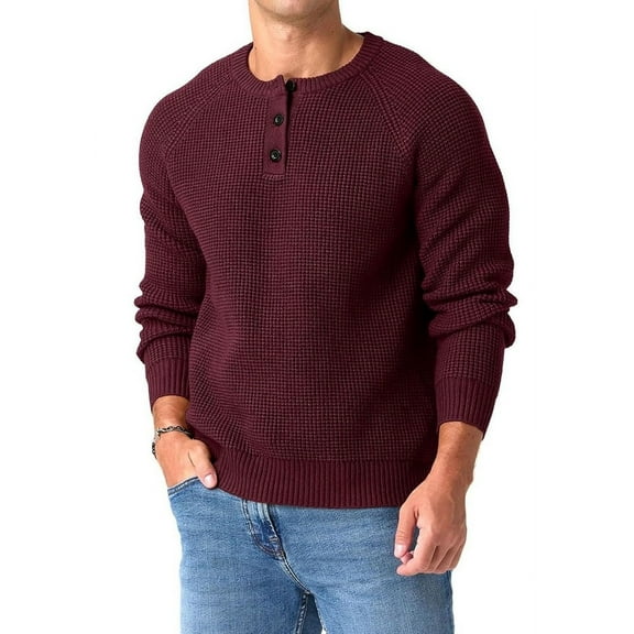 QDG Mens Henley Knit Pullover Sweater Waffle Crewneck Casual Texture Fashion Sweater