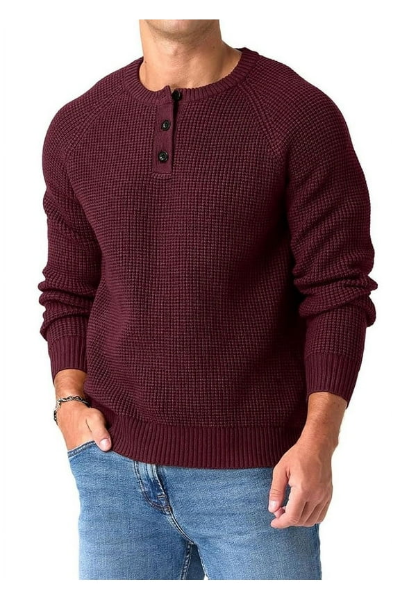 Mens Henley Knit Pullover Sweater Waffle Crewneck Casual Texture Fashion Sweater
