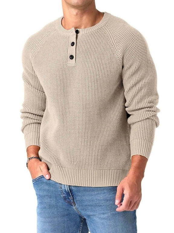 Mens Henley Knit Pullover Sweater Waffle Crewneck Casual Texture Fashion Sweater