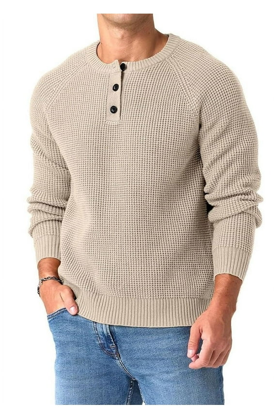 Mens Henley Knit Pullover Sweater Waffle Crewneck Casual Texture Fashion Sweater
