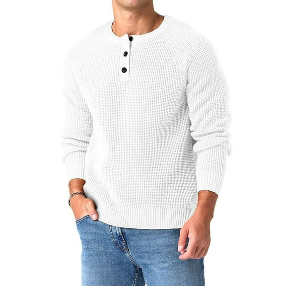 QDG Mens Henley Knit Pullover Sweater Waffle Crewneck Casual Texture Fashion Sweater