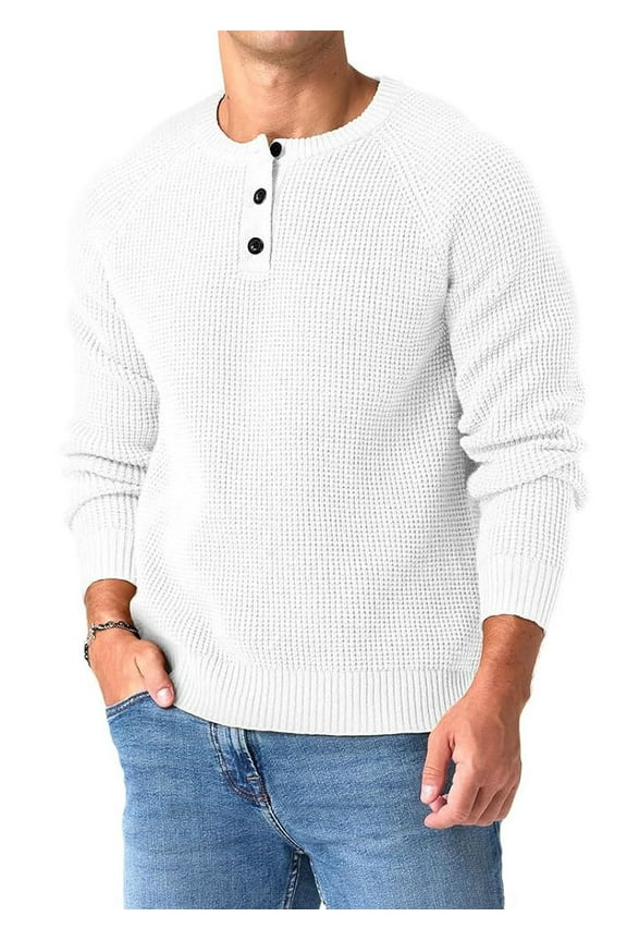 Mens Henley Knit Pullover Sweater Waffle Crewneck Casual Texture Fashion Sweater