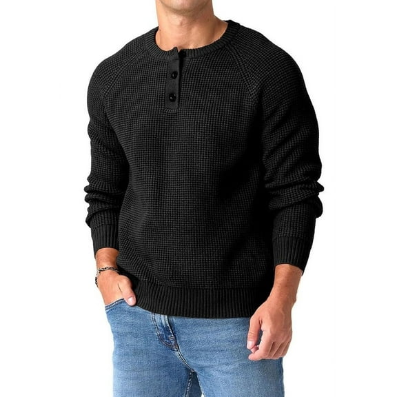 QDG Mens Henley Knit Pullover Sweater Waffle Crewneck Casual Texture Fashion Sweater