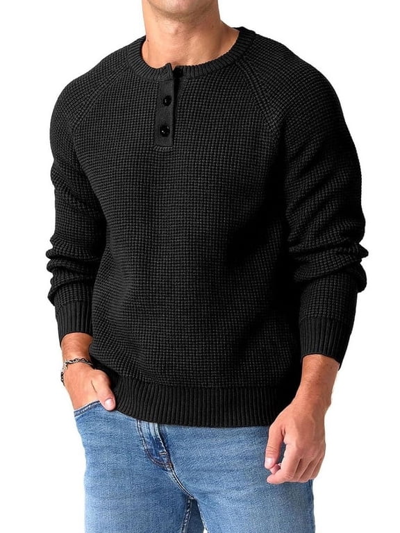Mens Henley Knit Pullover Sweater Waffle Crewneck Casual Texture Fashion Sweater