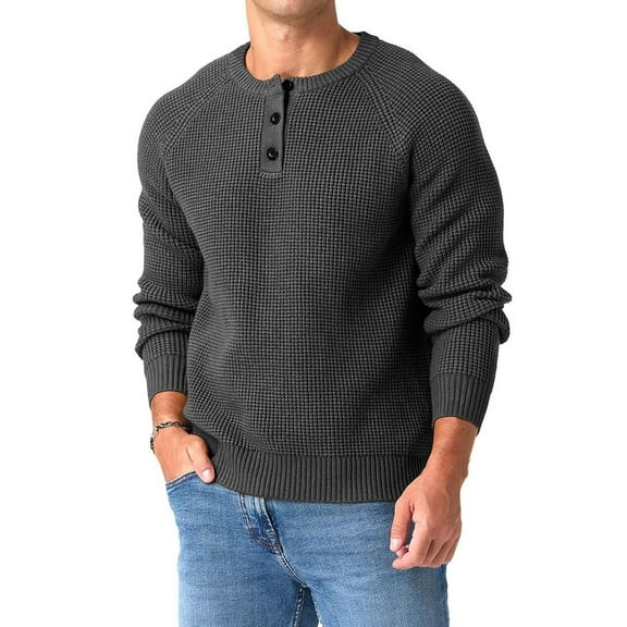 QDG Mens Henley Knit Pullover Sweater Waffle Crewneck Casual Texture Fashion Sweater