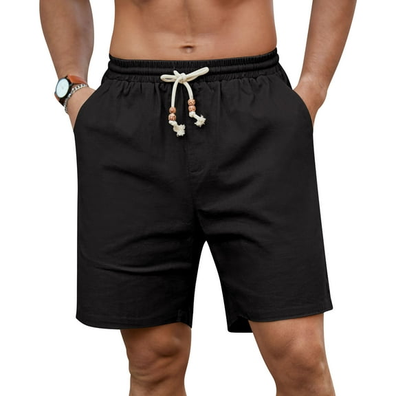 QDG Mens Linen Shorts Casual Elastic Waist Drawstring Summer Beach Shorts Pockets Classic Fit Black L