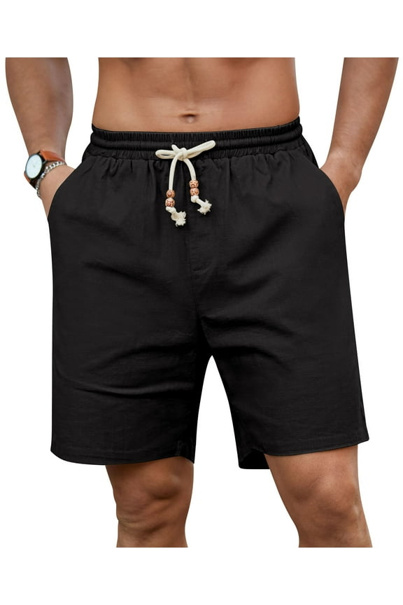 Mens Linen Shorts Casual Elastic Waist Drawstring Summer Beach Shorts Pockets Classic Fit Black L