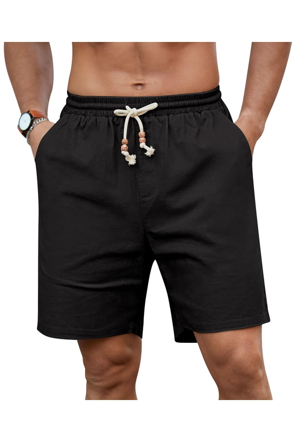 Mens Linen Shorts Casual Elastic Waist Drawstring Summer Beach Shorts Pockets Classic Fit Black S