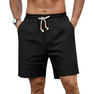 QDG Mens Linen Shorts Casual Elastic Waist Drawstring Summer Beach Shorts Pockets Classic Fit Black XL