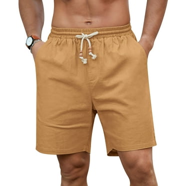 QDG Mens Linen Shorts Casual Elastic Waist Drawstring Summer Beach Shorts Pockets Classic Fit Dark Khaki S