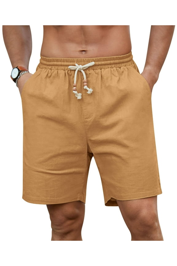 Mens Linen Shorts Casual Elastic Waist Drawstring Summer Beach Shorts Pockets Classic Fit Dark Khaki XL