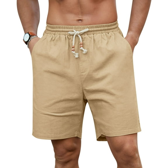 QDG Mens Linen Shorts Casual Elastic Waist Drawstring Summer Beach Shorts Pockets Classic Fit Khaki M