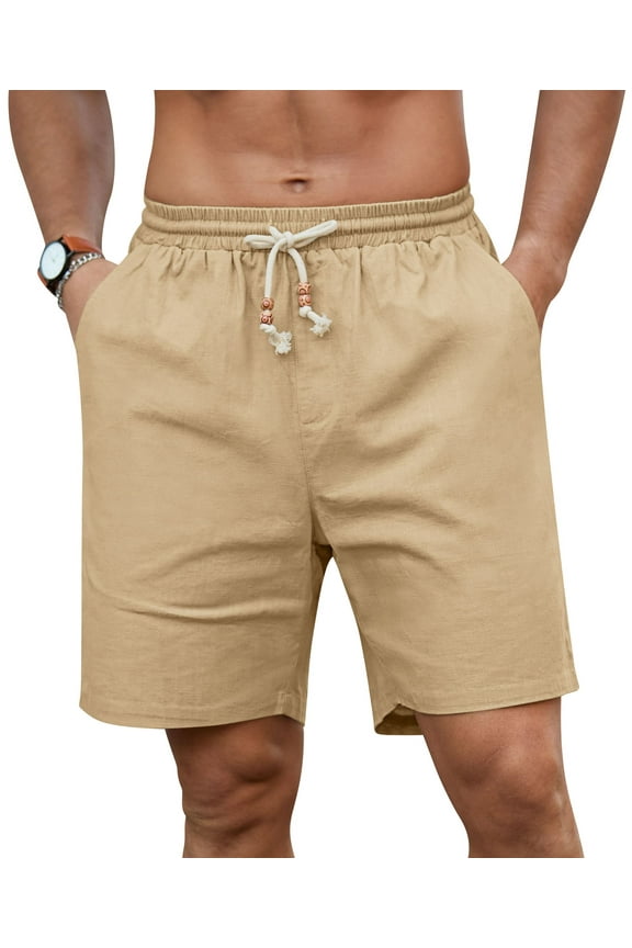 Mens Linen Shorts Casual Elastic Waist Drawstring Summer Beach Shorts Pockets Classic Fit Khaki XL