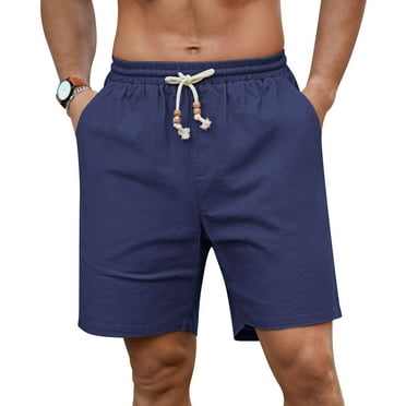 QDG Mens Linen Shorts Casual Elastic Waist Drawstring Summer Beach Shorts Pockets Classic Fit Navy Blue M