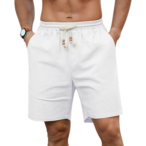 QDG Mens Linen Shorts Casual Elastic Waist Drawstring Summer Beach Shorts Pockets Classic Fit White XL