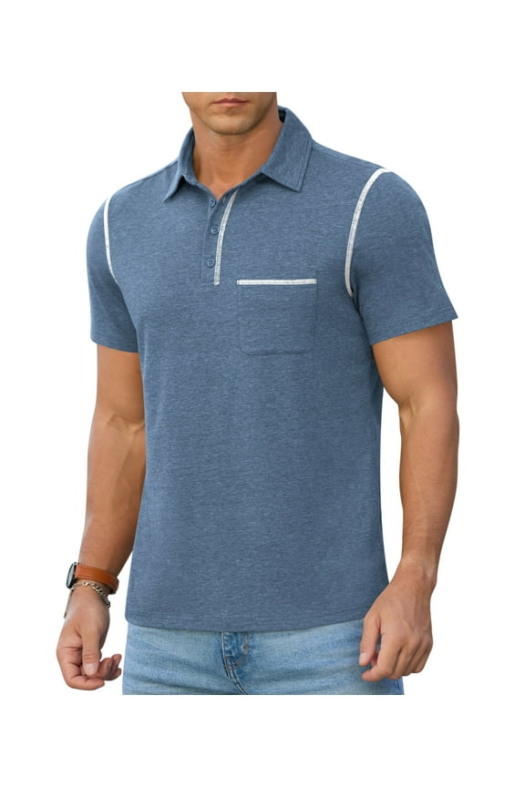 Mens Polo Short Sleeve Shirt Casual Summer Classic Collared T-Shirt Basic Button Tee with Pocket Blue S