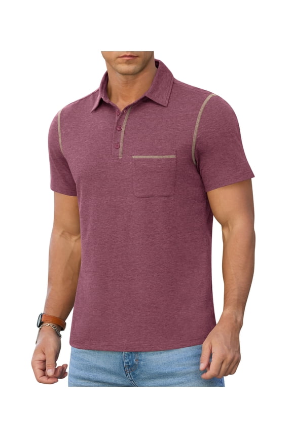 Mens Polo Short Sleeve Shirt Casual Summer Classic Collared T-Shirt Basic Button Tee with Pocket Wine Red S