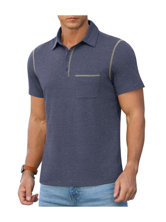 Mens Polo Short Sleeve Shirt Casual Summer Classic Collared T-Shirt Basic Button Tee with Pocket Navy Blue M