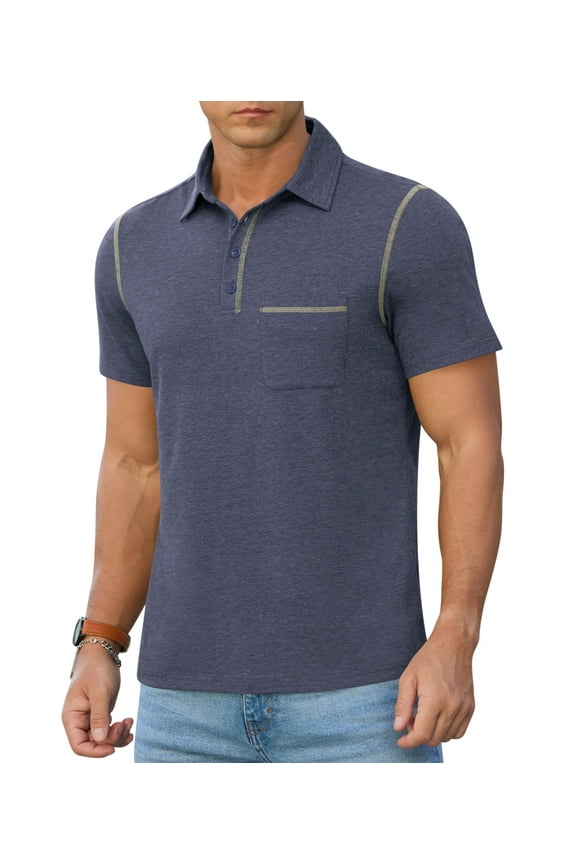 Mens Polo Short Sleeve Shirt Casual Summer Classic Collared T-Shirt Basic Button Tee with Pocket Navy Blue L
