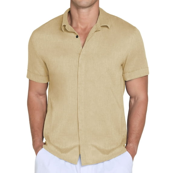 QDG Mens Polo Shirts Short Sleeve Casual Button Down Shirt for Men Summer Beach Vacation Shirt Beige 2XL