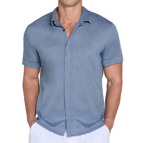 QDG Mens Casual Button Down Shirts Short Sleeve for Men Summer Beach Vacation Shirt Light blue L