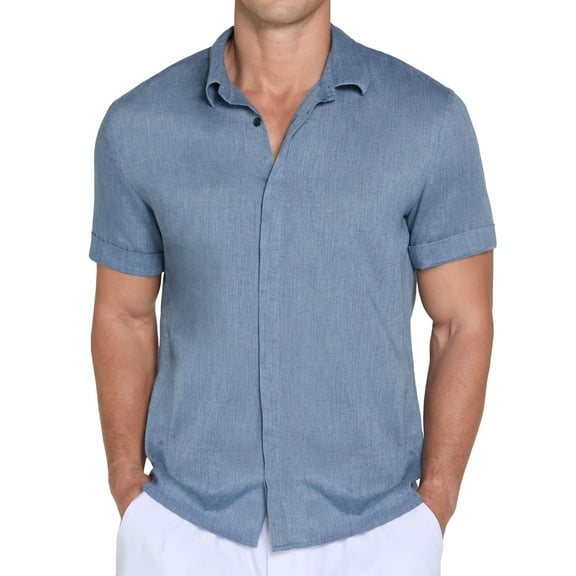 QDG Mens Polo Shirts Short Sleeve Casual Button Down Shirt for Men Summer Beach Vacation Shirt Light blue L