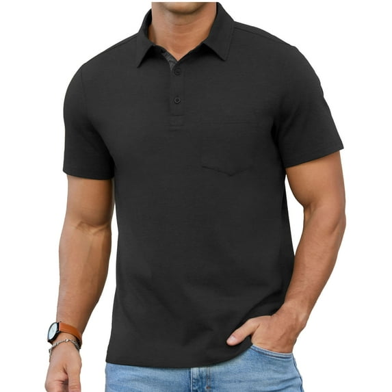 QDG Mens Polo Short Sleeve Shirt Casual Button Polo T Shirt with Pocket Designed Collared Golf Shirt Black 2XL