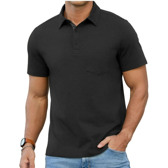 QDG Mens Polo Short Sleeve Shirt Casual Button Polo T Shirt with Pocket Designed Collared Golf Shirt Black L