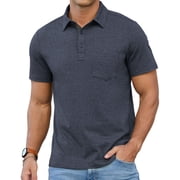 Men's Polo Shirt with Pocket - Breathable Cotton Golf Shirt, Moisture Wicking Casual Short Sleeve Collared T-Shirt, Regular FitDark Blue L