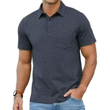 QDG Mens Polo Short Sleeve Shirt Casual Button Polo T Shirt with Pocket Designed Collared Golf Shirt Dark Blue XL