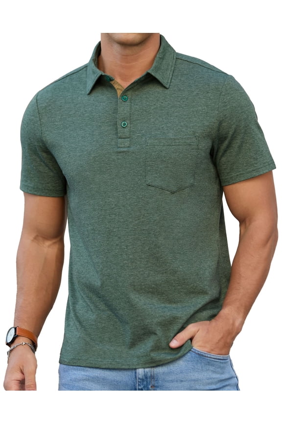 Men's Polo Shirt with Pocket - Breathable Cotton Golf Shirt, Moisture Wicking Casual Short Sleeve Collared T-Shirt, Regular FitGreen M