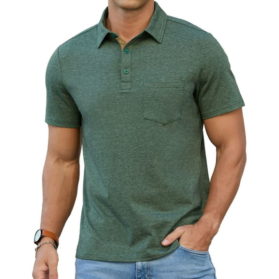 QDG Mens Polo Short Sleeve Shirt Casual Button Polo T Shirt with Pocket Designed Collared Golf Shirt Green S