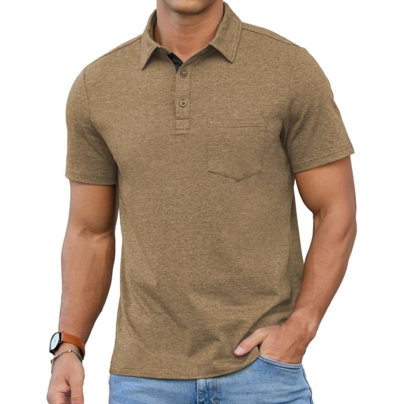 QDG Men's Polo Shirt with Pocket - Breathable Cotton Golf Shirt, Moisture Wicking Casual Short Sleeve Collared T-Shirt, Regular FitKhaki S