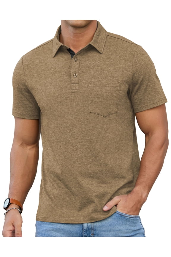 Men's Polo Shirt with Pocket - Breathable Cotton Golf Shirt, Moisture Wicking Casual Short Sleeve Collared T-Shirt, Regular FitKhaki S