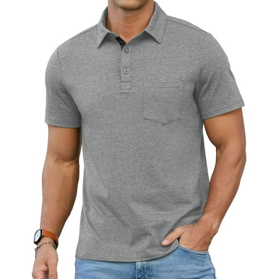 QDG Mens Polo Short Sleeve Shirt Casual Button Polo T Shirt with Pocket Designed Collared Golf Shirt Light Gray L