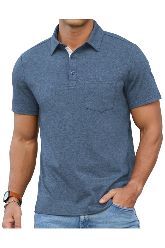 Men's Polo Shirt with Pocket - Breathable Cotton Golf Shirt, Moisture Wicking Casual Short Sleeve Collared T-Shirt, Regular FitVg blue 2XL