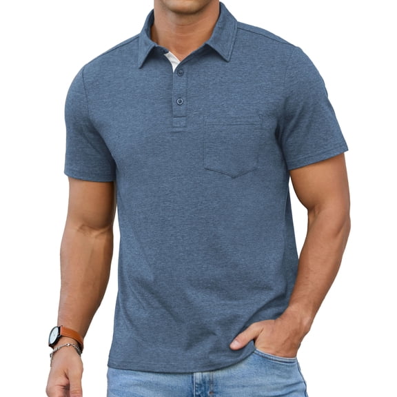 QDG Men's Polo Shirt with Pocket - Breathable Cotton Golf Shirt, Moisture Wicking Casual Short Sleeve Collared T-Shirt, Regular FitVg blue M
