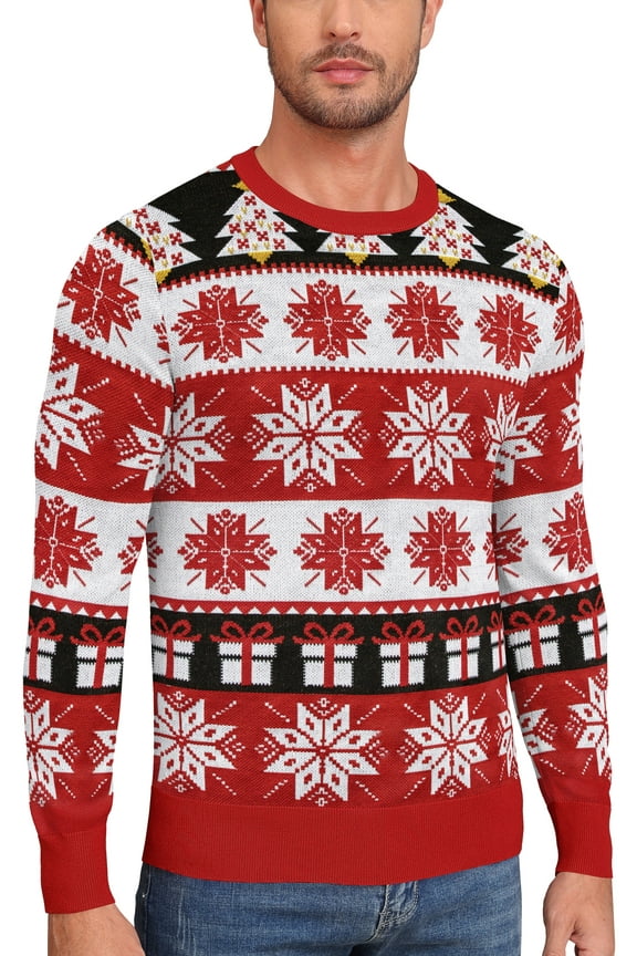 Mens Ugly Christmas Sweater Reindeer Snowflakes Funny Fairisle Pullover Knit Crewneck