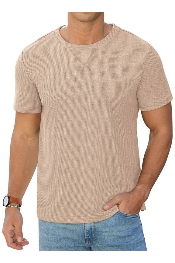 Mens Waffle Shirt Crew Neck Short Sleeve Casual T-Shirt Beige L