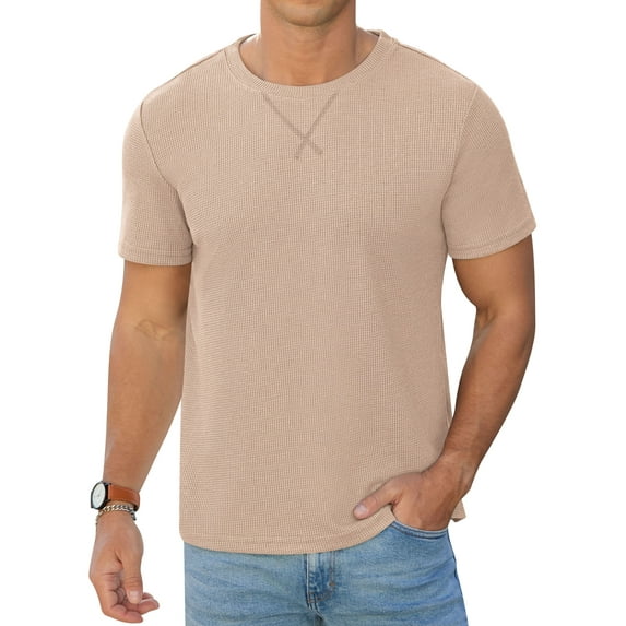 QDG Mens Waffle Shirt Crew Neck Short Sleeve Casual T-Shirt Beige M