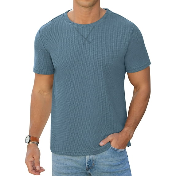 QDG Mens Waffle Shirt Crew Neck Short Sleeve Casual T-Shirt Blue L