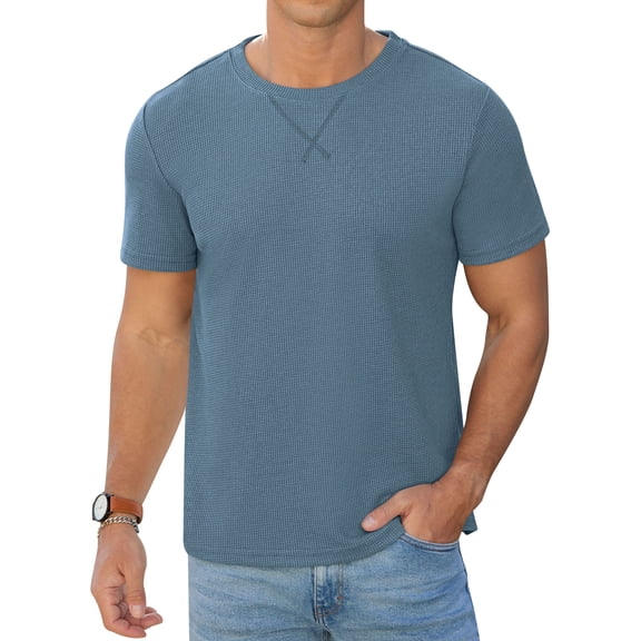 QDG Mens Waffle Shirt Crew Neck Short Sleeve Casual T-Shirt Blue XL