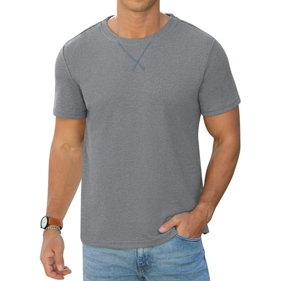 QDG Mens Waffle Shirt Crew Neck Short Sleeve Casual T-Shirt Dark Gray L