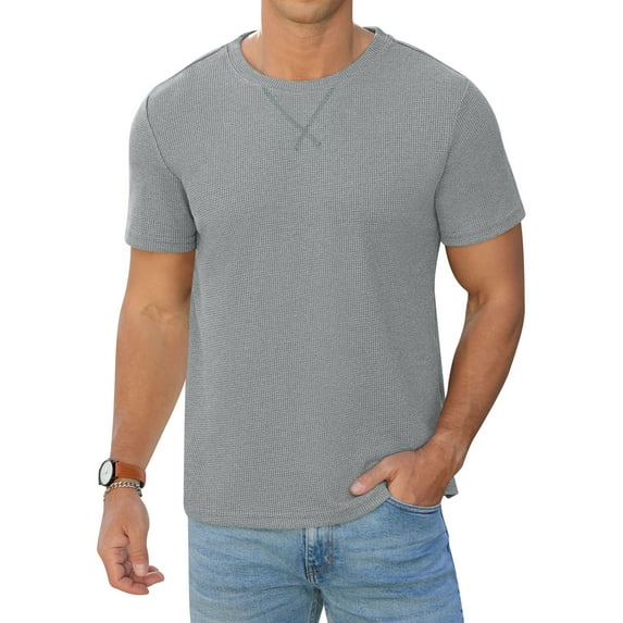 QDG Mens Waffle Shirt Crew Neck Short Sleeve Casual T-Shirt Light Gray L