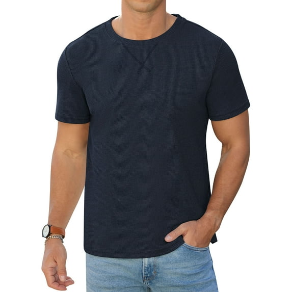 QDG Mens Waffle Shirt Crew Neck Short Sleeve Casual T-Shirt Navy Blue L