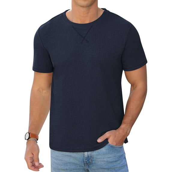 QDG Mens Waffle Shirt Crew Neck Short Sleeve Casual T-Shirt Navy Blue S