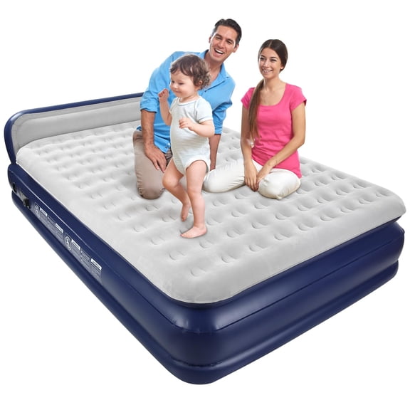 QDH Air Mattress with Headboard Queen Size  Built-in Electric Pump Comfort-Plush Enhanced Coil Technology Mattress for Home, Travel & Camping - Durable Blow Up Bed