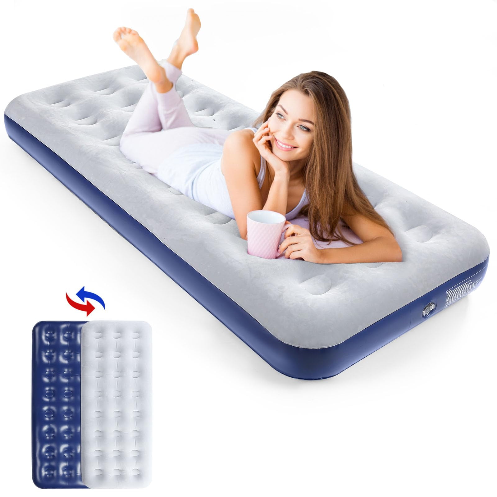 QDH Camping Air Mattress Inflatable Air Bed Flocked Surface Travel Bed Sleeping Pad Air Bed for Outdoor Camping Tent Guest Travelling