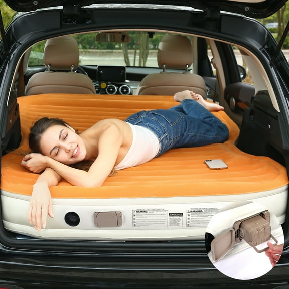 QDH SUV Air Mattress Double Size Thickened Flocked Car Bed Mattress for Travel and Camping with Built-in Electric Pump Portable Inflatable Blow Up 660lb Weight Capacity Orange