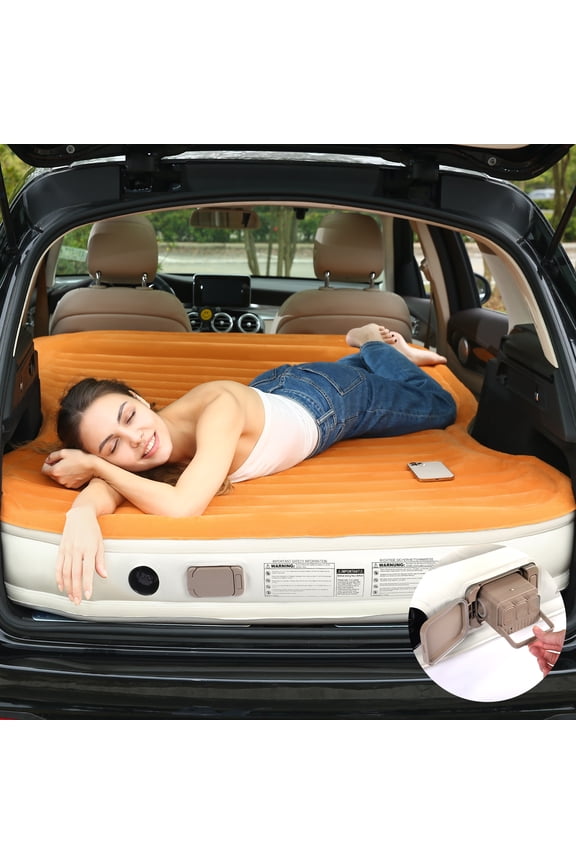 SUV Air Mattress Double Size Thickened Flocked Car Bed Mattress for Travel and Camping with Built-in Electric Pump Portable Inflatable Blow Up 660lb Weight Capacity Orange